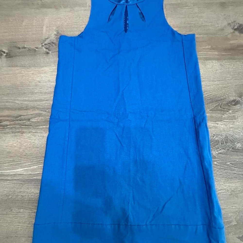 New York & Company Blue Keyhole Linen Blend Sleeveless Shift Dress Womens Small